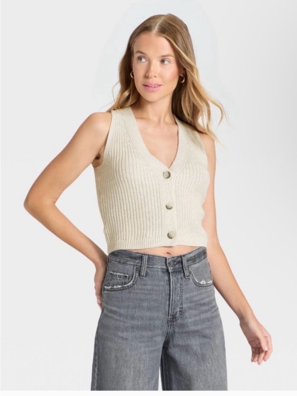 NWT Universal Thread 100% Cotton Button Front Sweater Vest Gray Ivory Large